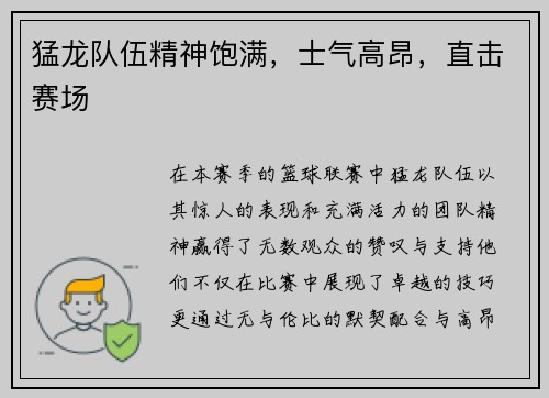 猛龙队伍精神饱满，士气高昂，直击赛场